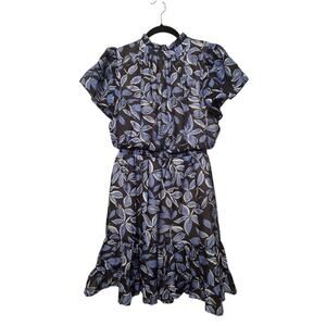 THML Flower Print Dress Womens SM Blue Ruffled Rockabilly Retro Cottage Milkmaid